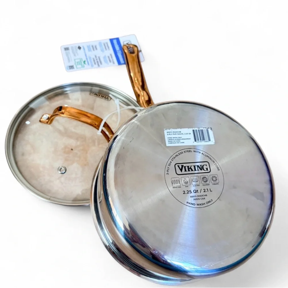 Viking 3-Ply Stainless 2.25 Qt Saucepan Glass Lid Copper Handle Induction NEW